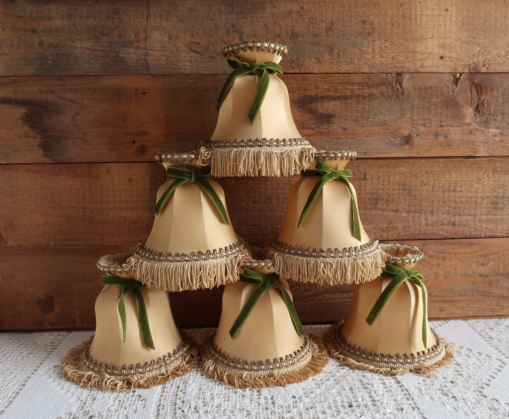Set van 6 Vintage Lampenkapjes klemkapjes met Groen Fluweel, Antiek en Kunst, Ophalen of Verzenden