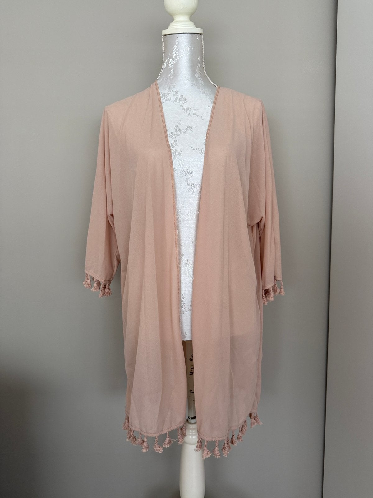 Kaki Kimono met Kwastjes, Ophalen of Verzenden, Zo goed als nieuw, Beige, Overige typen