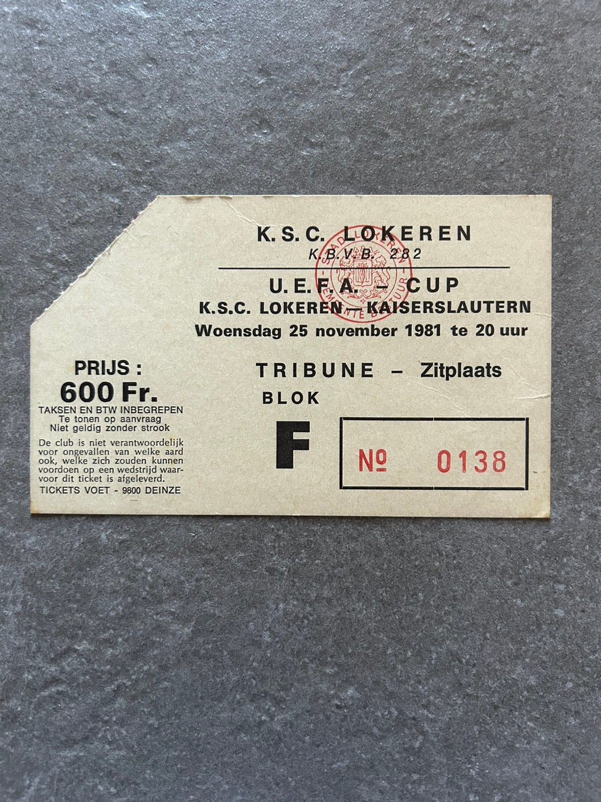 UEFA Cup-wedstrijd  K.S.C. Lokeren - 1. FC Kaiserslautern, Ophalen of Verzenden, Buitenlandse clubs, Overige typen