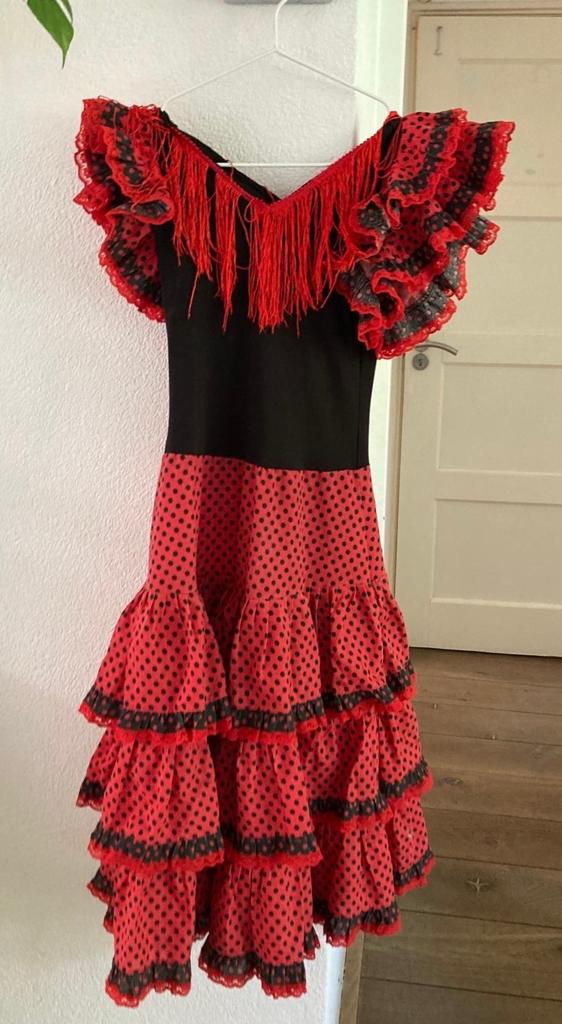 Spaanse verkleedjurk - Flamenco jurk rood met stippen, Ophalen