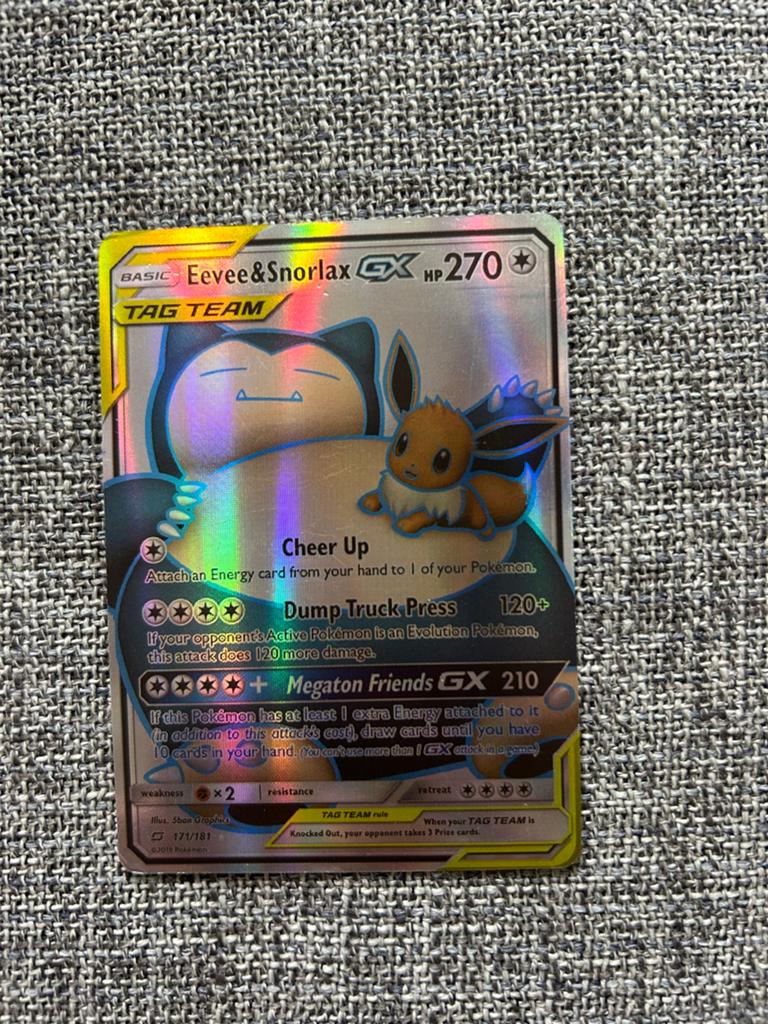 Pokemon kaart Eevee & Snorlax GX 171/181, Ophalen of Verzenden, Zo goed als nieuw, Losse kaart, Foil