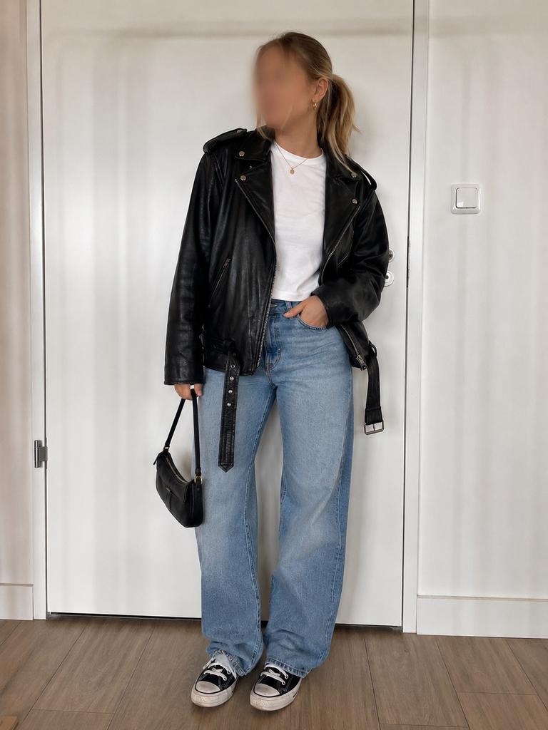 Oversized leren biker jasje, Ophalen of Verzenden, Zo goed als nieuw, Maat 42/44 (L), Zwart