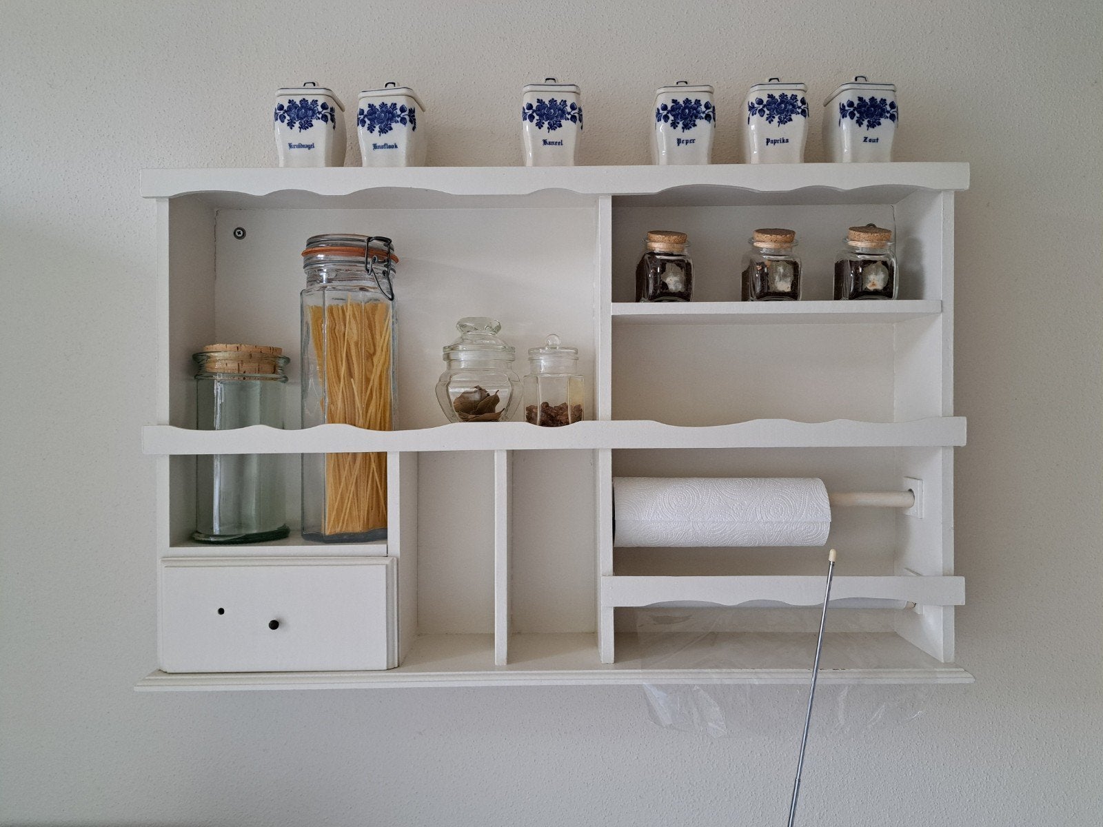 Vintage kruidenrek met potjes - wit/blauw, Ophalen, Hout, Wit, Overige merken