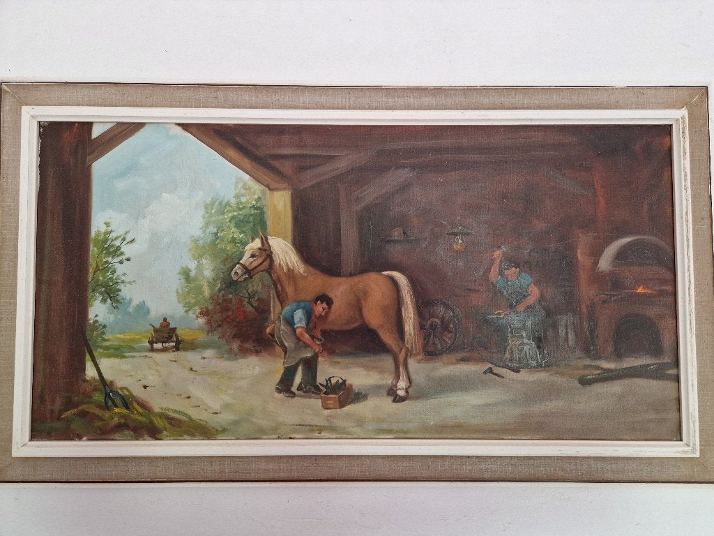 Schilderij met paard en hoefsmid, Ophalen, Gebruikt, Schilderij, 75 tot 100 cm
