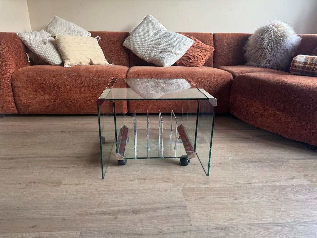 Gallotti & Radice Salontafel met krantenrek - Chroom/Glas, Gebruikt, Glas, Rechthoekig, 50 tot 100 cm