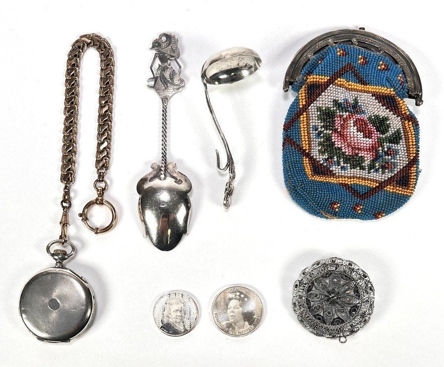 1041. Zakhorloge, beugelbeurs, lepels, hanger, munten, Ophalen of Verzenden, Zilver