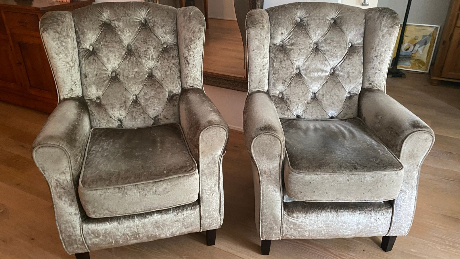Set van 2 fluwelen fauteuils - Klassiek en     Mcomfortabel, Huis en Inrichting, Fauteuils, Gebruikt, Stof, 75 tot 100 cm, Ophalen
