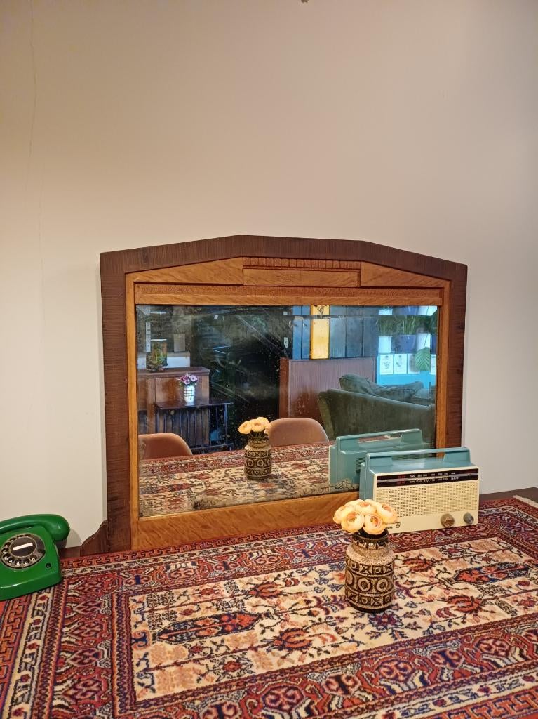 Vintage houten caféspiegel jaren 50/60 met patina, Ophalen, Gebruikt, 75 tot 100 cm, Minder dan 100 cm