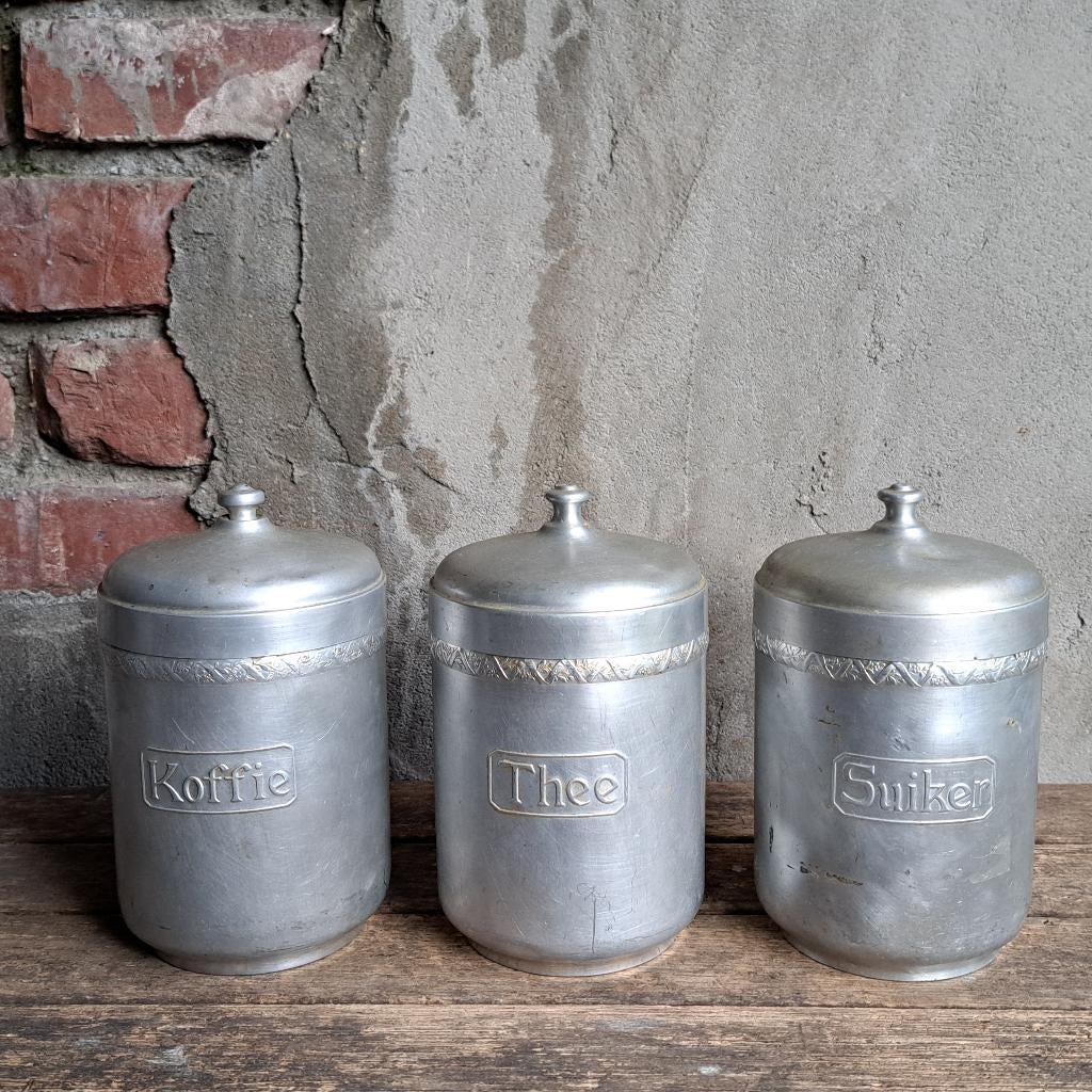 3x Oude aluminium pot blik bus Koffie Thee Suiker *Etage3*, Gebruikt, ., Ophalen of Verzenden, .