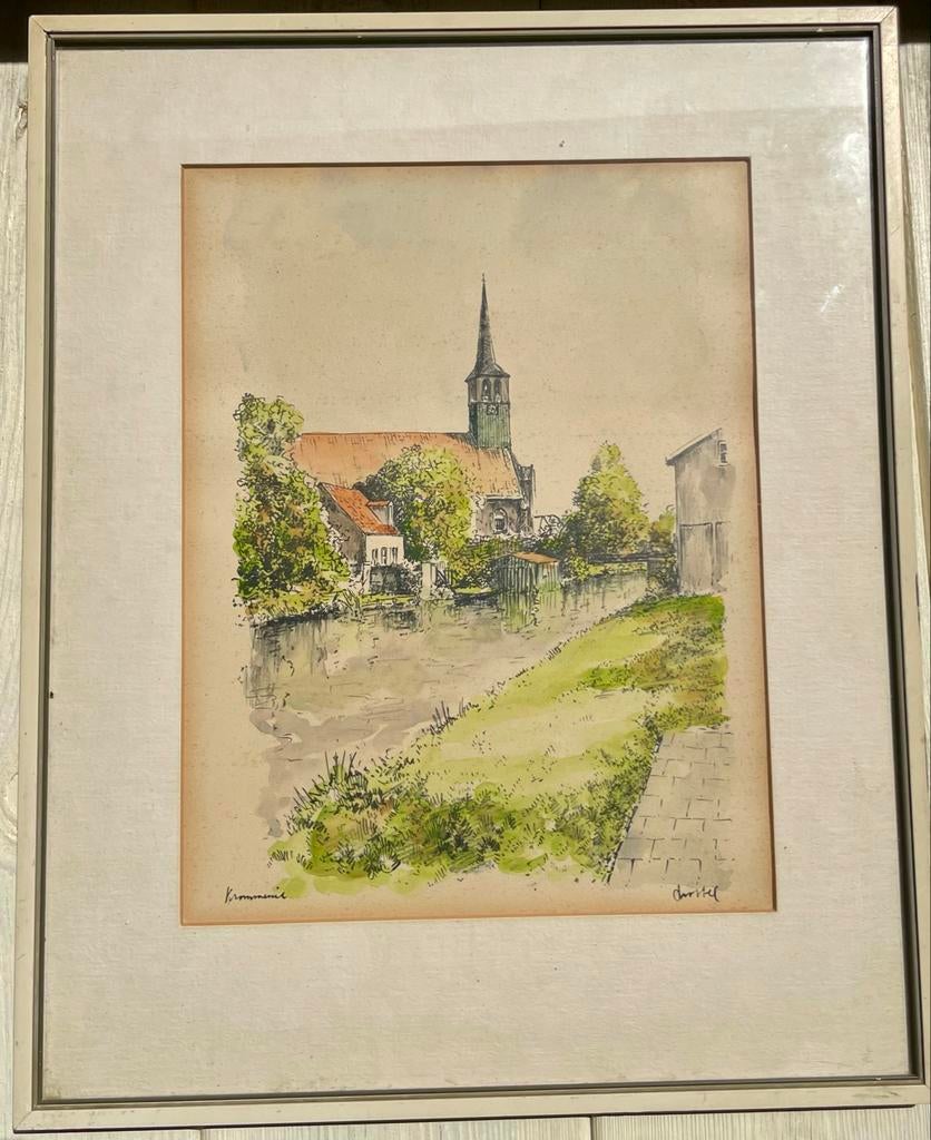 Aquarel Hervormde Kerk Krommenie - Mooi Kleurenwerk, Ophalen of Verzenden