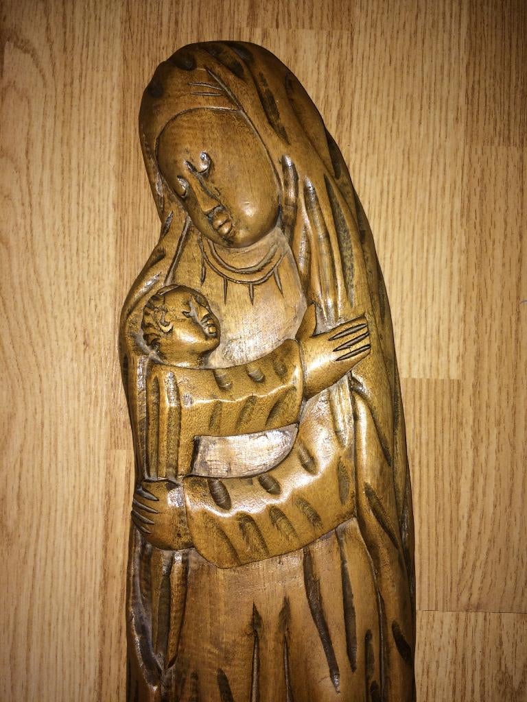 Madonna met kind houtsnijwerk (H50cm) Wanddecoratie, Ophalen of Verzenden, Zo goed als nieuw, Beeld(je), Christendom | Katholiek