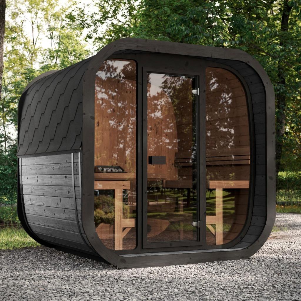 Vol Glas Moderne Cube Buitensauna SKOG220 Thermowood, Ophalen of Verzenden, Nieuw, Fins of Traditioneel, Complete sauna