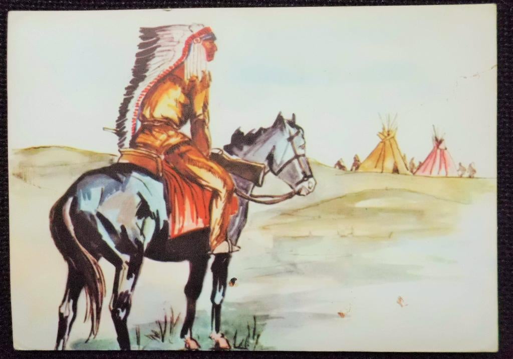 Indiaan op paard bij wigwams, Ophalen of Verzenden, 1960 tot 1980, Gelopen, Cultuur en Media
