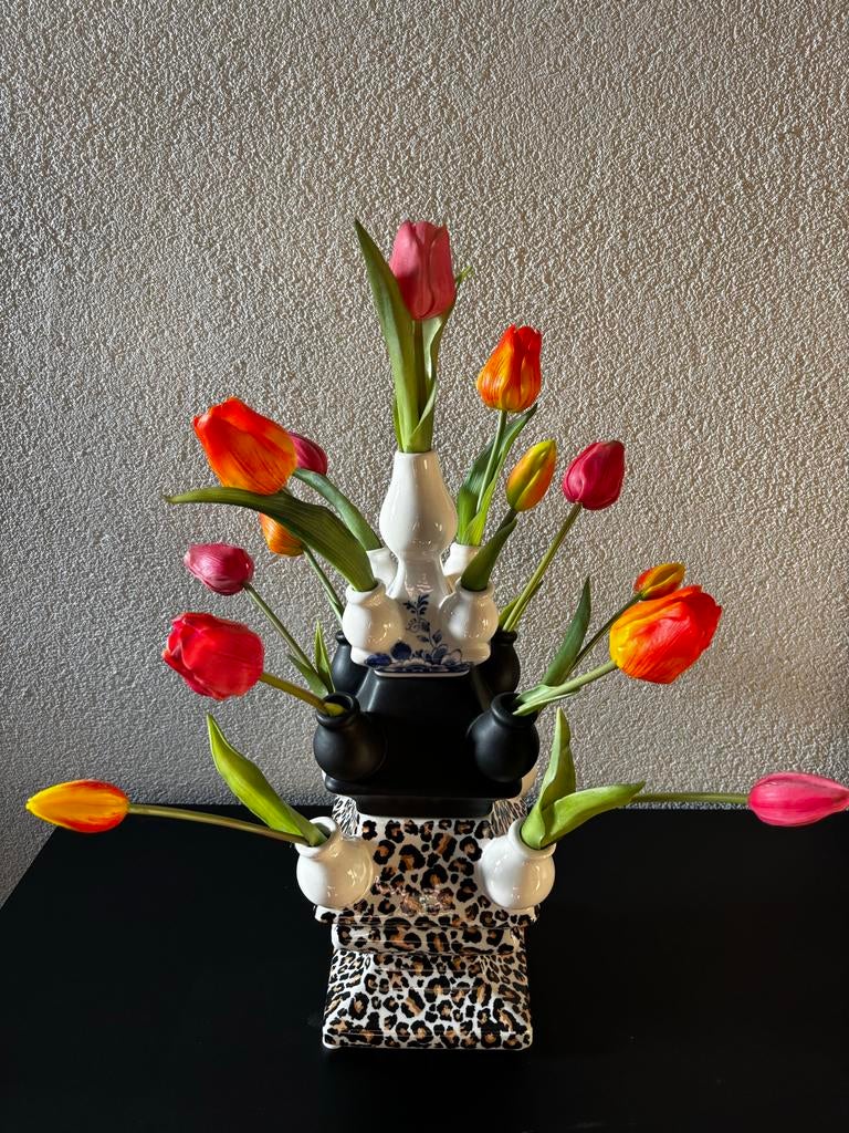 Heinen Delfts Blauw Stapelgekte Tulpenvaas, Huis en Inrichting, Woonaccessoires | Vazen, Nieuw, Blauw, Minder dan 50 cm, Aardewerk of Porselein