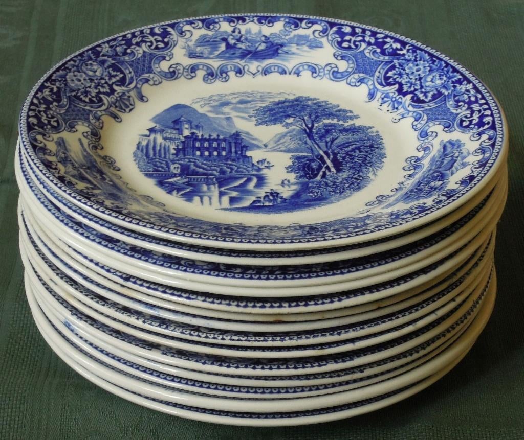 Nr M26: 13 Blauwe ontbijtborden Old England per stuk te koop, Antiek en Kunst, Antiek | Servies los, Ophalen of Verzenden