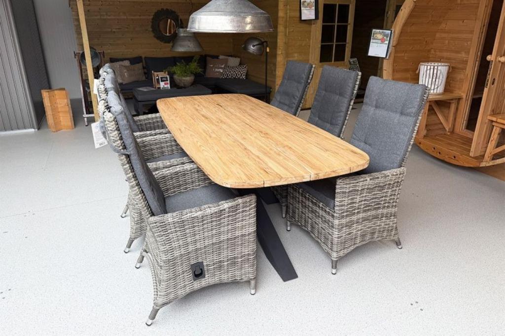Tuinset Tenerife –6 wicker stoelen met teak tafel - OP=OP!, Ophalen, Zo goed als nieuw, Wicker, Eettafel