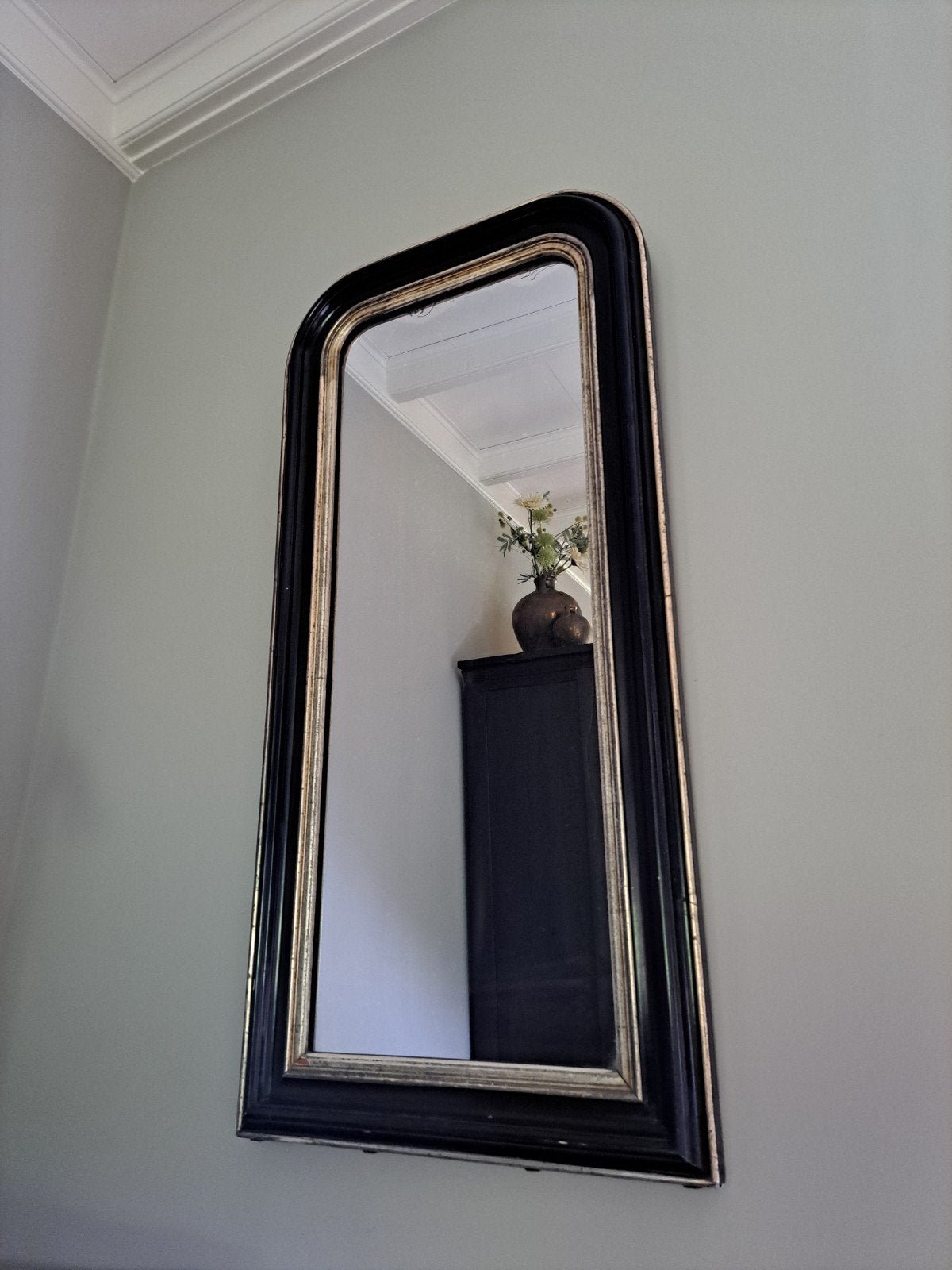 Antieke spiegel, zwart/goud-zilver, patina glas, Antiek en Kunst, Ophalen, Rechthoekig, Minder dan 50 cm, 100 tot 150 cm