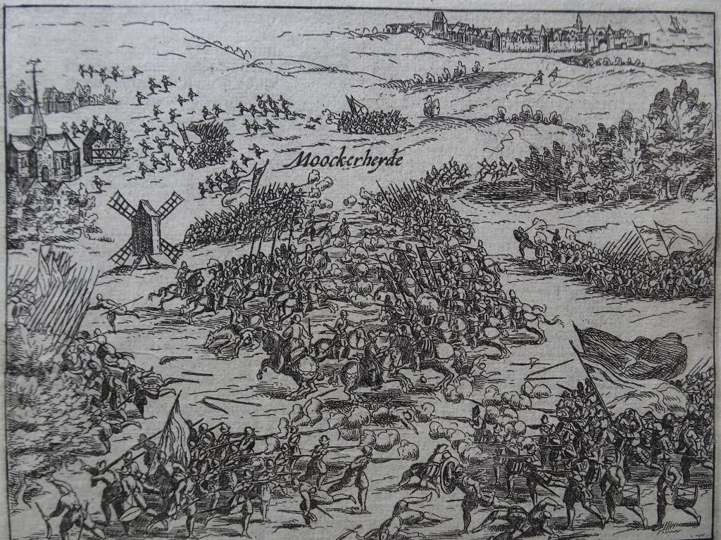 gravure Slag om Mookerheide Mook Limburg Baudartius ca 1612, Verzenden, Militair, 1600 - 1699, Gravure