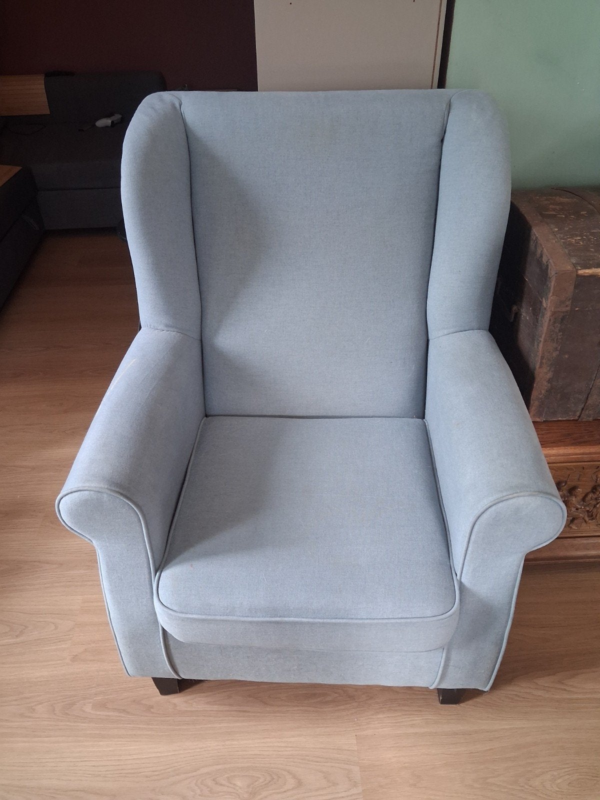 Comfortabele lichtblauwe fauteuil, Huis en Inrichting, Fauteuils, Ophalen, Gebruikt, Klassiek, Comfortabel, 75 tot 100 cm
