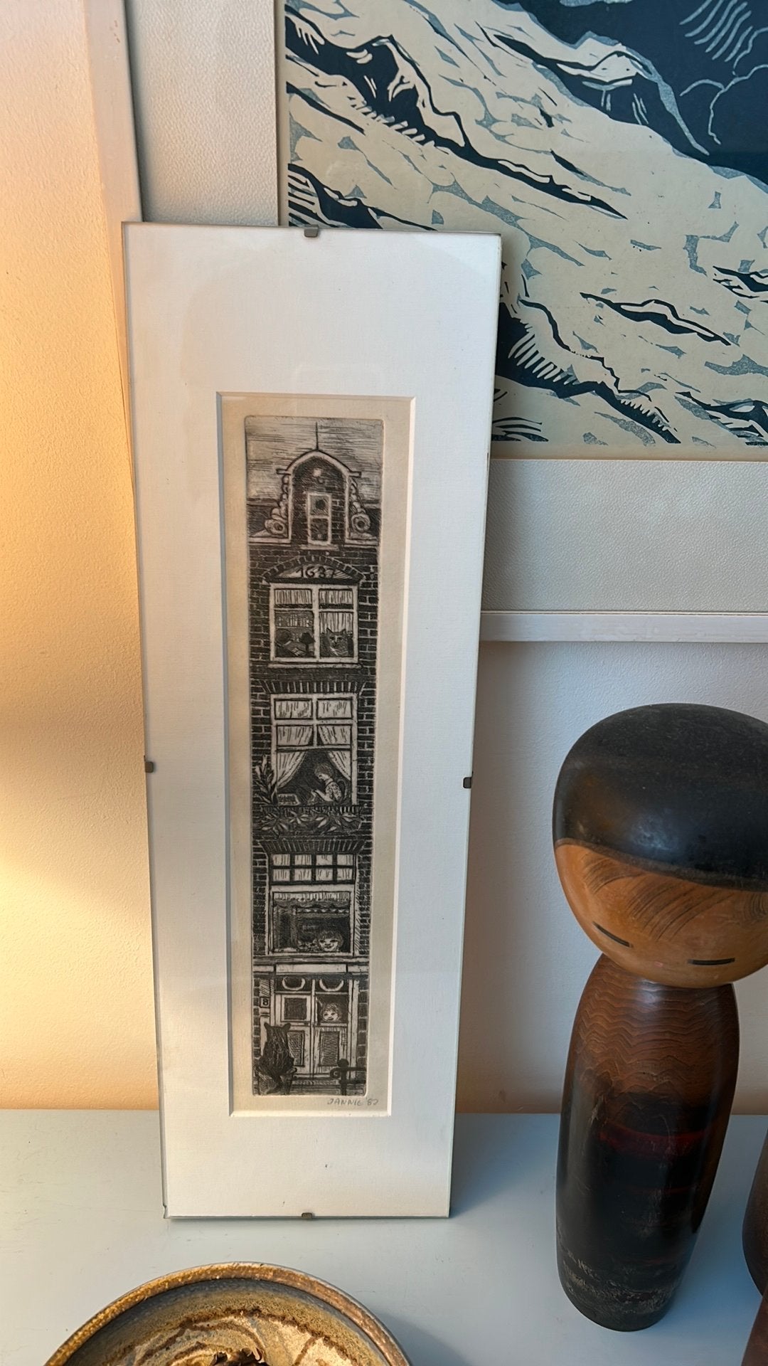 Vintage grafisch werk Amsterdams grachtenhuis Jannie ‘82, Ophalen of Verzenden