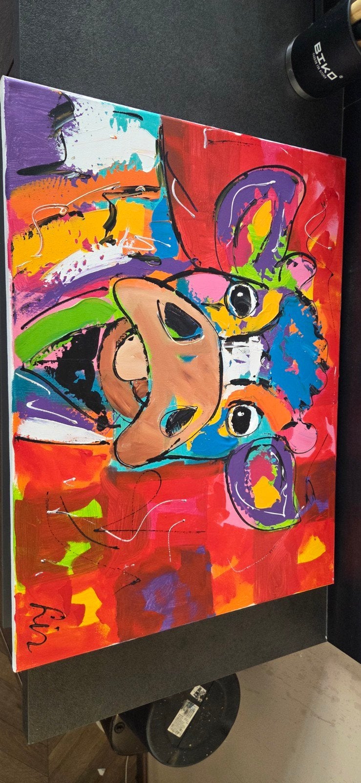 Kleurrijk Schilderij: Vrolijke Koe met Tulpen, Antiek en Kunst, Ophalen, Acrylverf, Dieren, Handgeschilderd