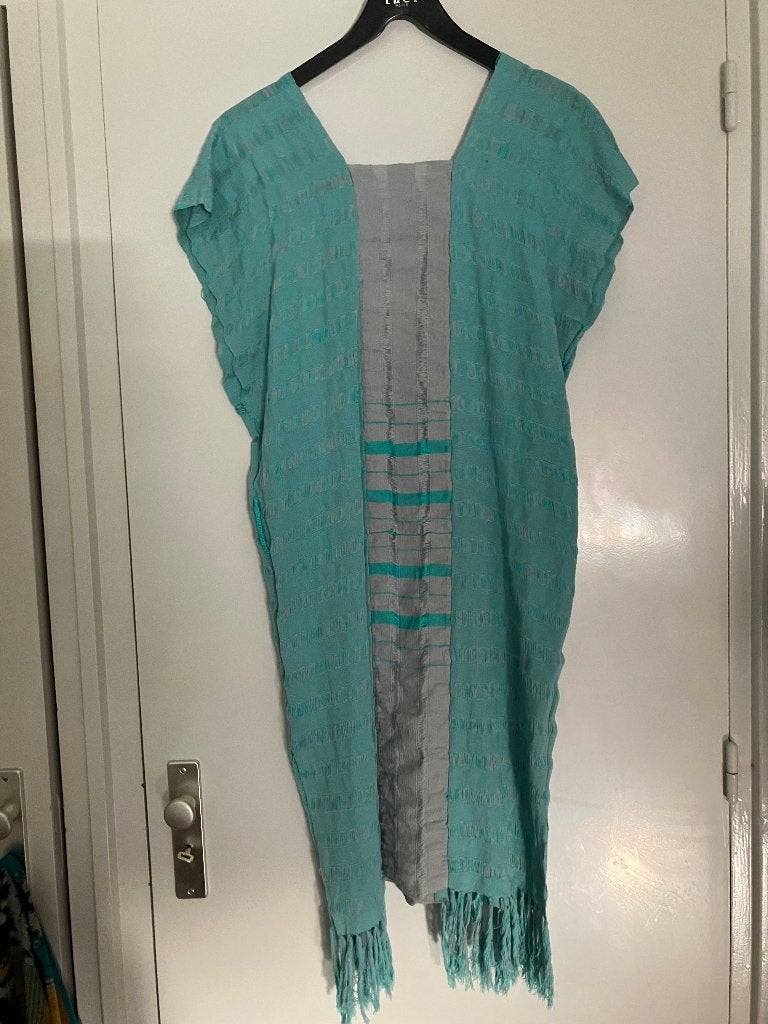 jurkje/ tuniek Etnisch/ Mexicaans Turquoise/grijs, Kleding | Dames, Ophalen of Verzenden, Gedragen, Maat 36 (S), Meerkleurig
