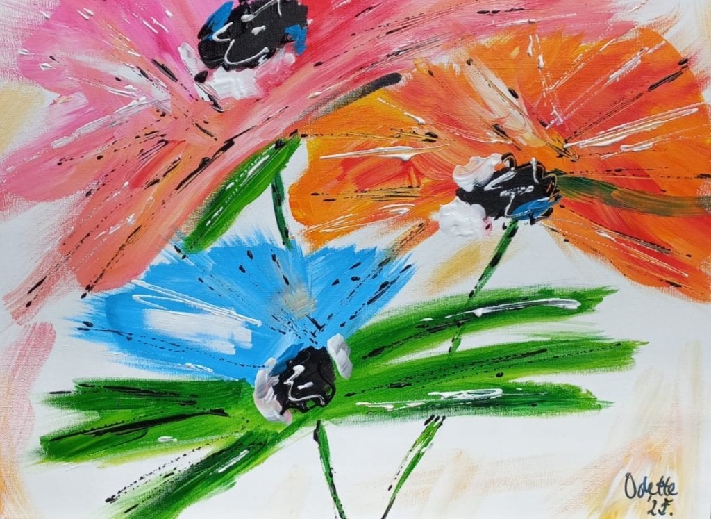 Schilderij abstracte kleurrijke bloemen, Minder dan 50 cm, Nieuw, Ophalen of Verzenden, Schilderij