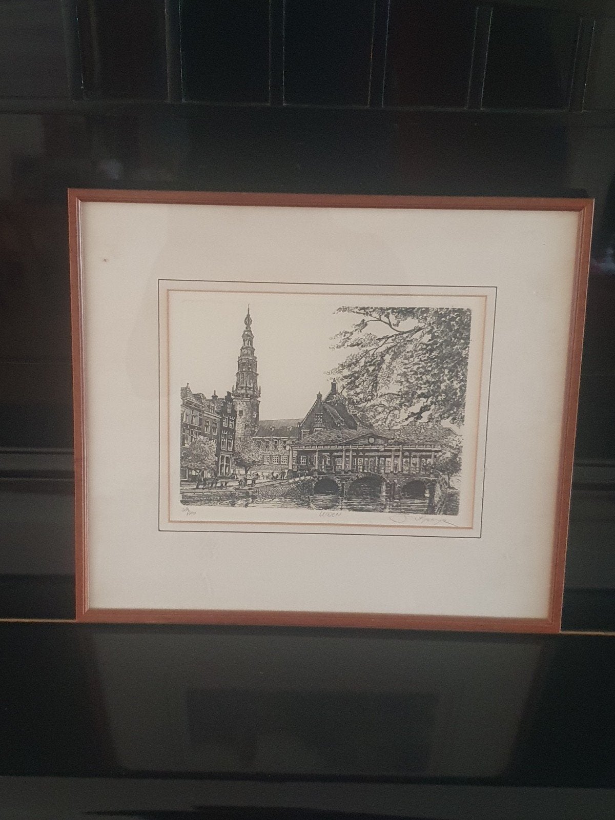 ets Leiden Koornbrug & Stadhuis Jan v Rijsewijk certificaat, Antiek en Kunst, Ophalen, 1950 - 1999, Ets, Genummerd