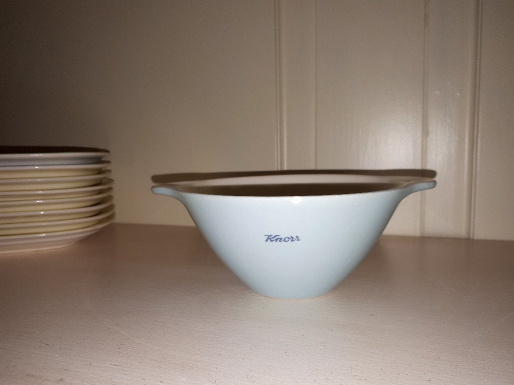 Pastel soepkop met de tekst Knorr, blauw, Ophalen of Verzenden
