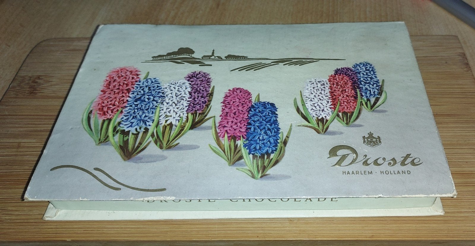 Prachtige Vintage Droste Chocoladedoos (Hyacinten) 1930/50, Ophalen of Verzenden, Gebruikt, Verpakking