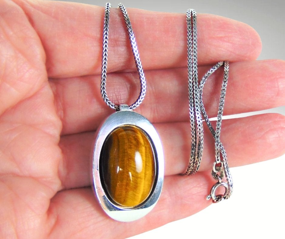 Grote 925 zilver THEODOR KLOTZ modernist tijgeroog hanger!