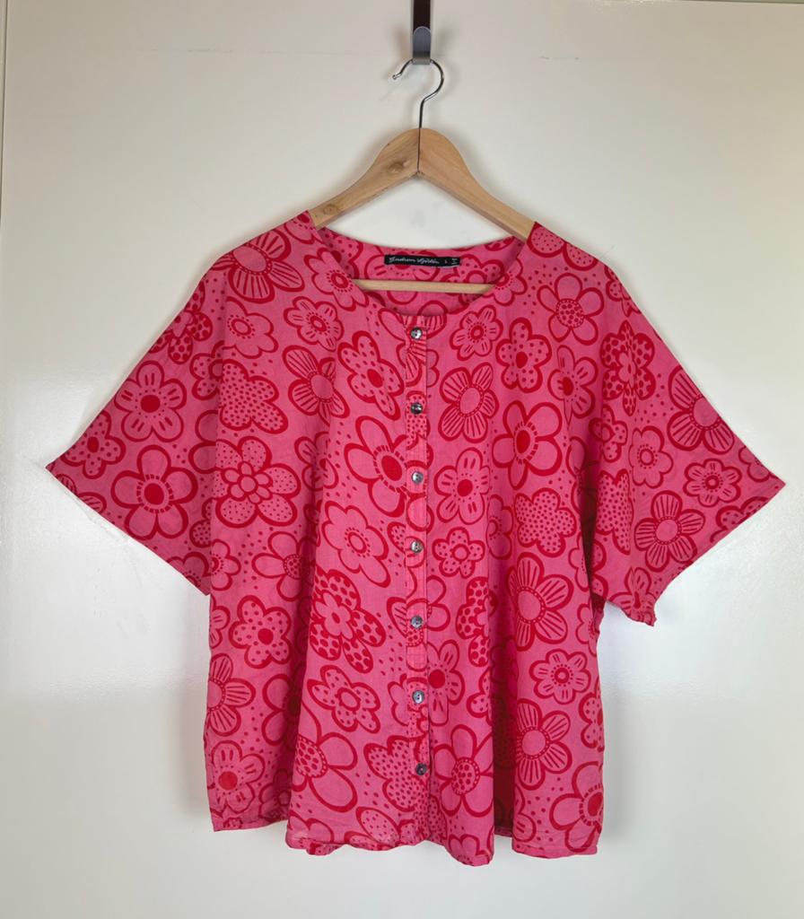 Gudrun Sjoden Organic cotton shirt blouse top boho folk L, Maat 42/44 (L), Ophalen of Verzenden, Zo goed als nieuw, Korte mouw