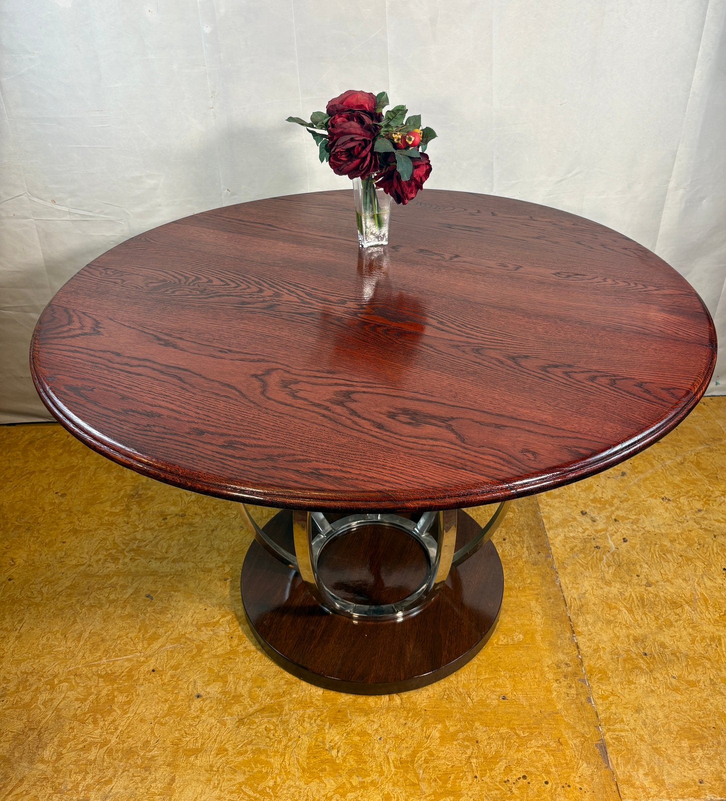 Gratis bezorging!Vintage ronde tafelArt Deco-stijlEikenChrom, Gebruikt, Rond, Ophalen of Verzenden, Vijf personen of meer