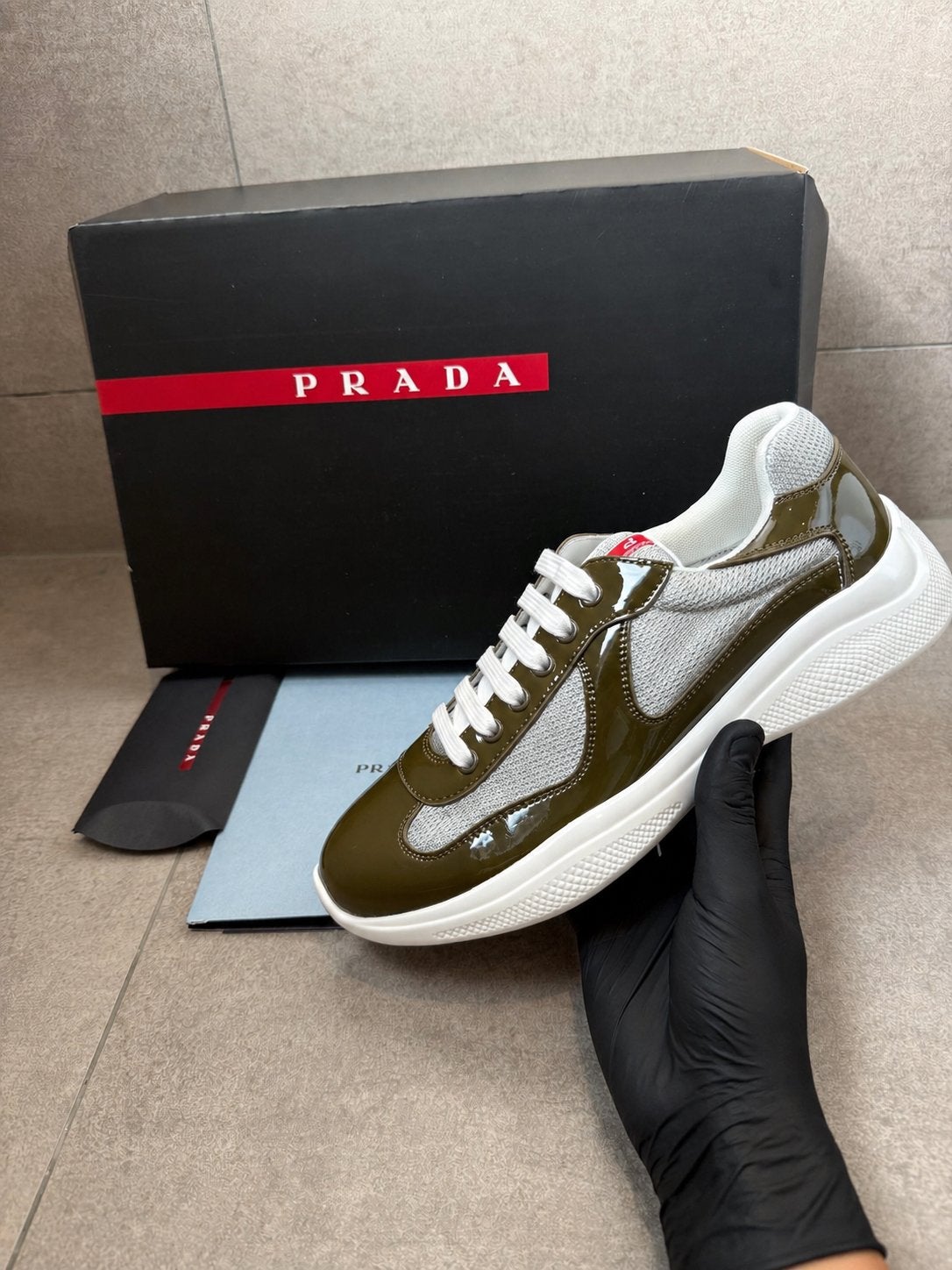 Prada Cups Olive Sneakers - Nieuw met tags, Kleding | Heren, Schoenen, Ophalen, Prada, Overige kleuren, Nieuw