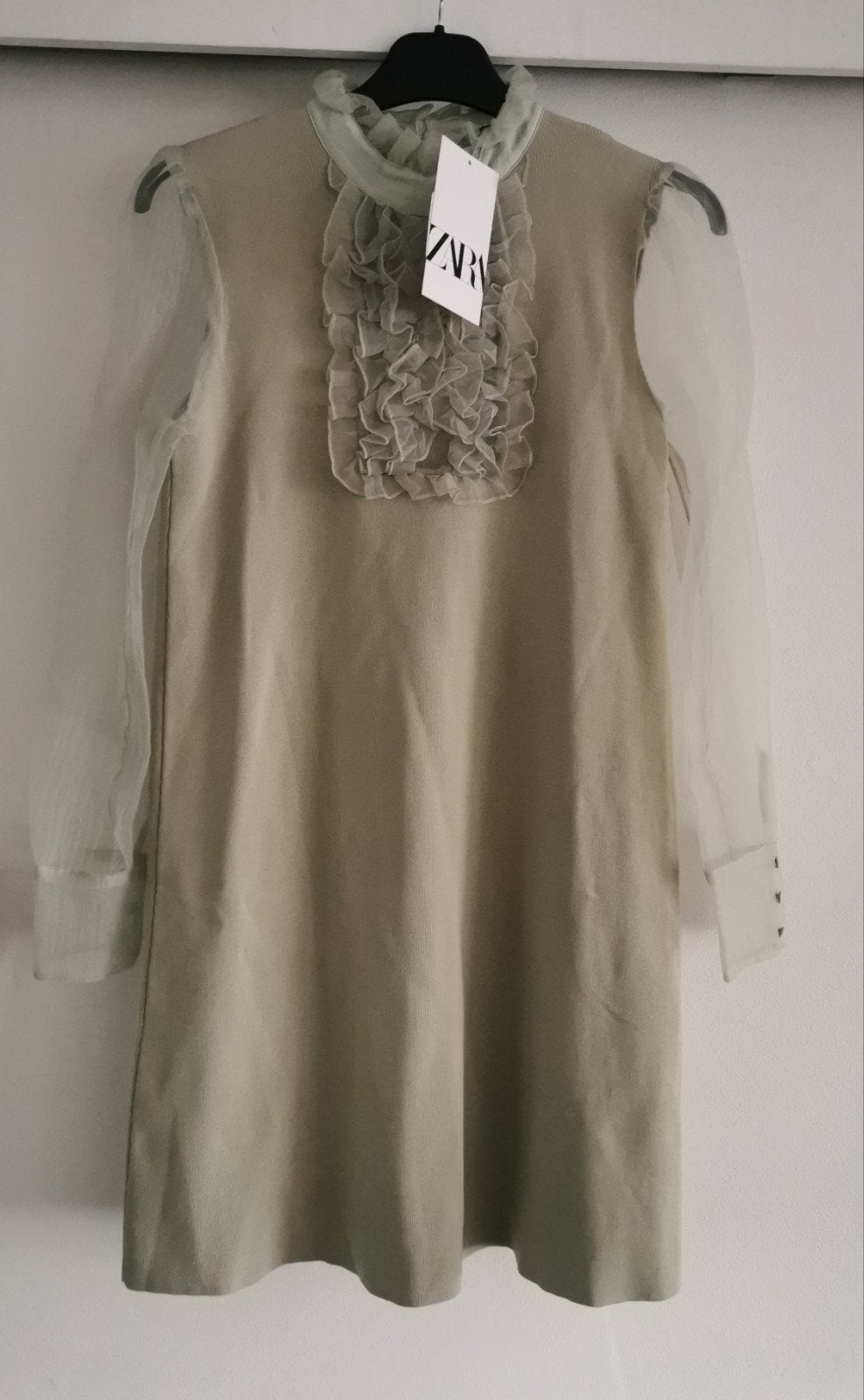 ZARA tricot jurk met organza mt. S, Kleding | Dames, Jurken, Nieuw, Maat 36 (S), Groen, Boven de knie, Verzenden