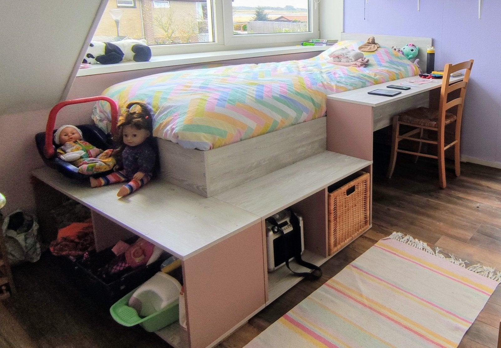 Kinderbed met opbergruimte en bureau, Ophalen, Gebruikt, 70 tot 85 cm, Lattenbodem