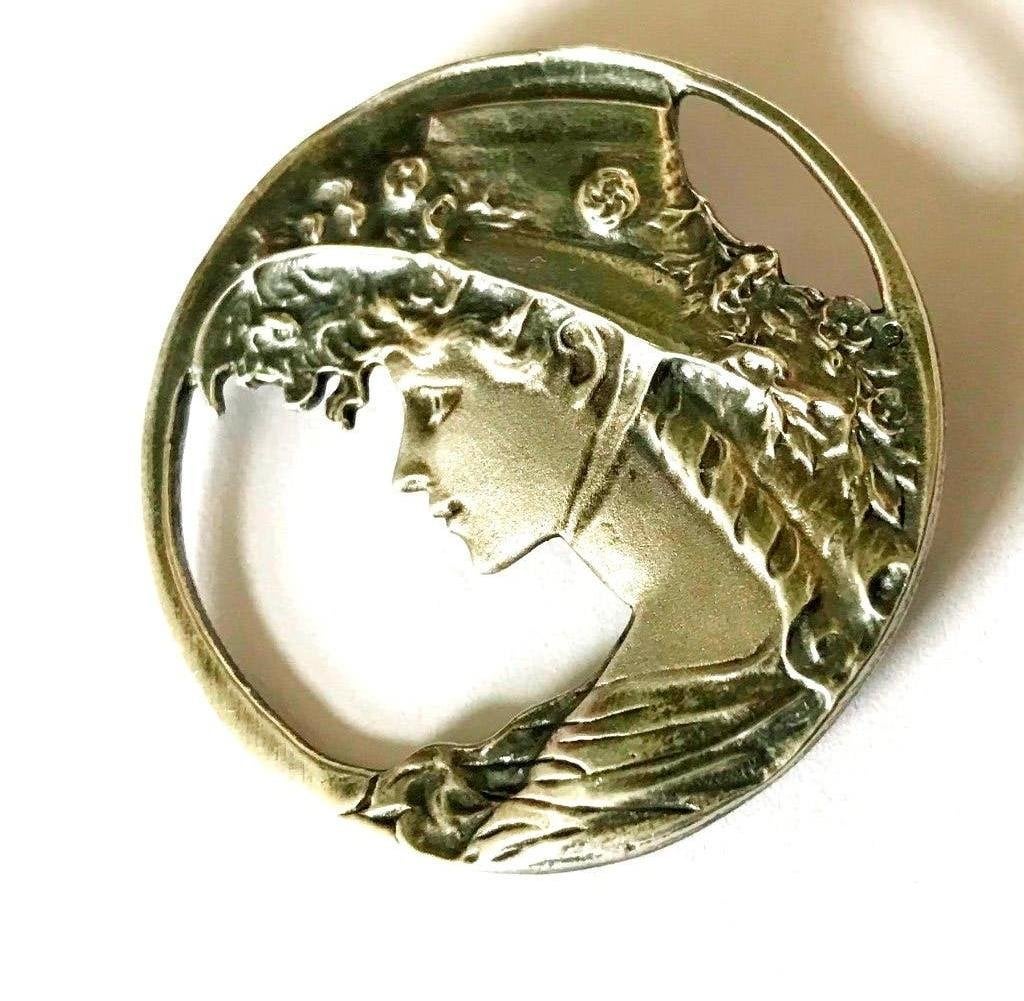 925 zilveren prachtige jugendstil broche floraal mooie dame, Ophalen, Zilver, Broche