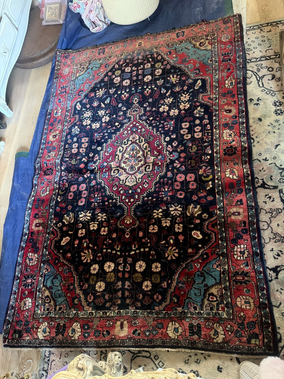 Antiek Perzisch wollen tapijt 140x203 cm, Ophalen, Gebruikt, 100 tot 150 cm, Blauw