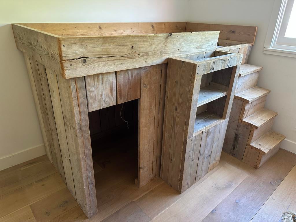 Steigerhouten bed DutchWood met kast en trap, Ophalen, Eenpersoons, Bruin, Steigerhout