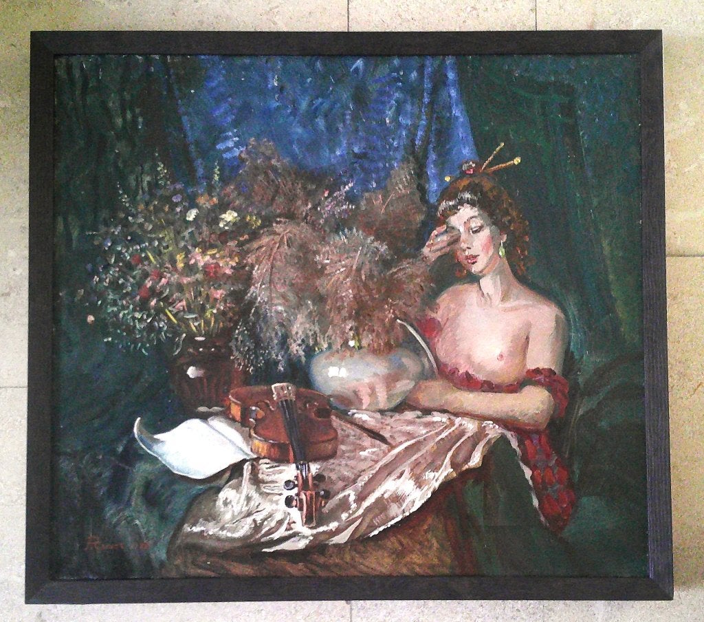 Vrouw met ontblote borst, viool op tafel '90 - Rinat Animaev, Antiek en Kunst, Kunst | Schilderijen | Klassiek, Doek, Portret of Personen