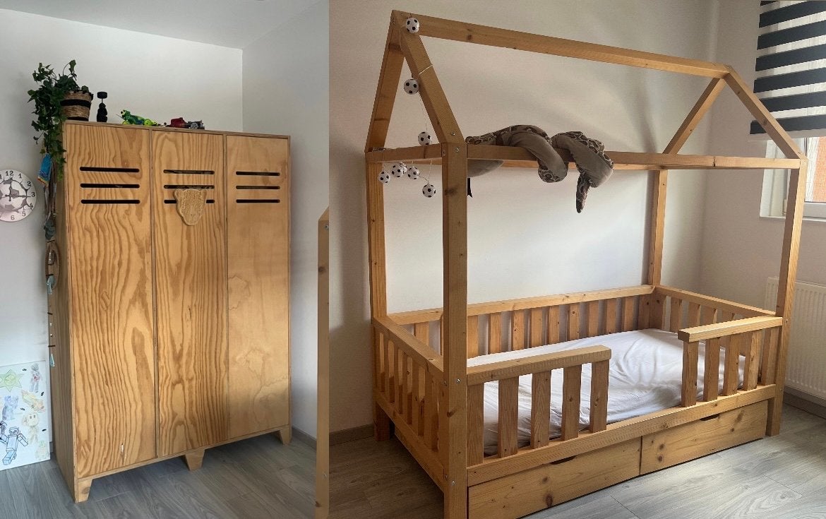 Houten kinderbed (huisbed) met lades en kledingkast, Ophalen, Gebruikt, 90 cm, Eenpersoons
