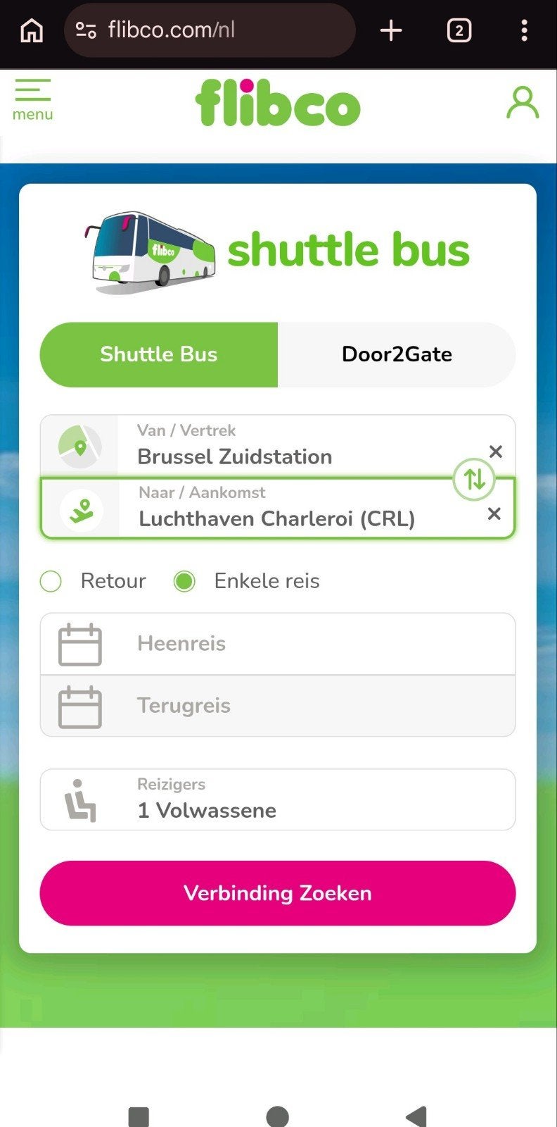 Ticket Flibco shuttlebus Brussel Midi - Charleroi Airport, Twee personen, Bus, Metro of Tram, Buitenland, Met bestemming of datum