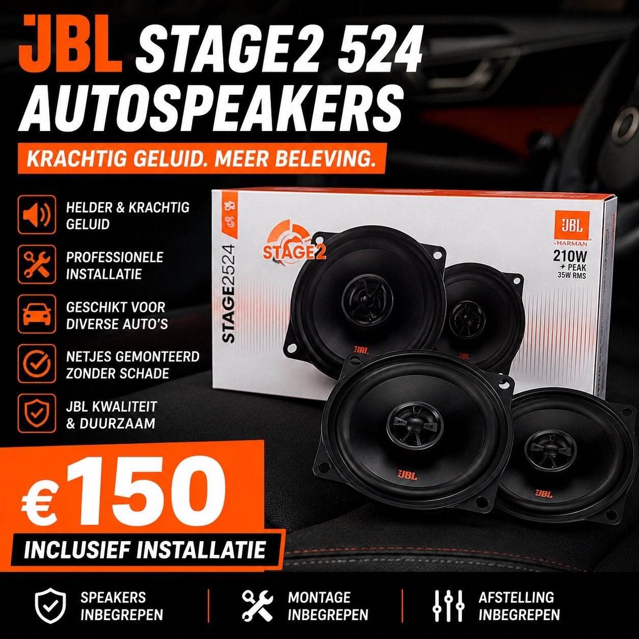 JBL Stage2 524 Autospeakers met professionele montage, Ophalen, Jbl, Jbl, Jbl