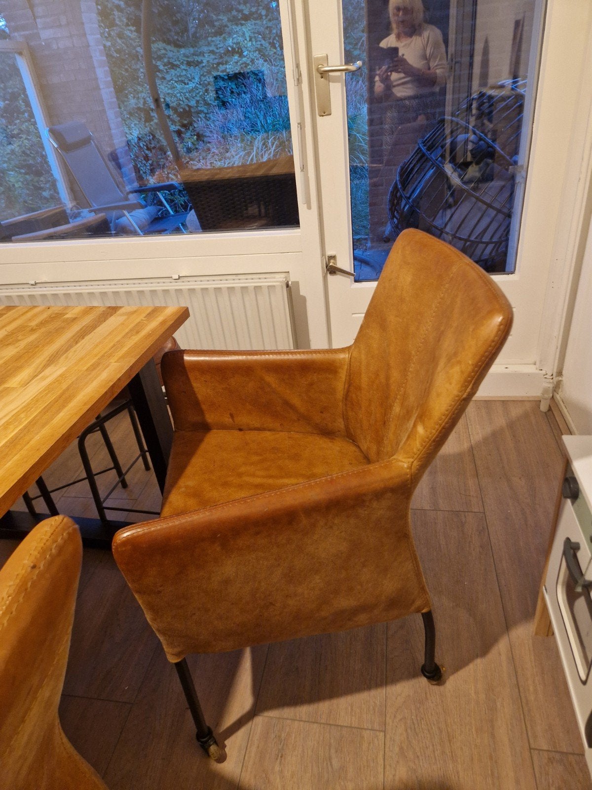 6 Cognac Leren Eetkamerstoelen met Wieltjes, Huis en Inrichting, Stoelen, Ophalen, Gebruikt, Bruin, Leer