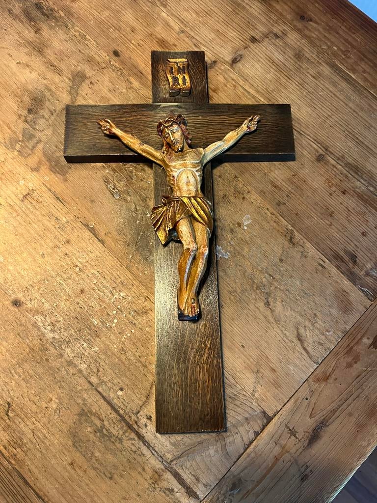 Klassiek houten wandkruis met Jezusbeeld, Antiek en Kunst, Ophalen of Verzenden
