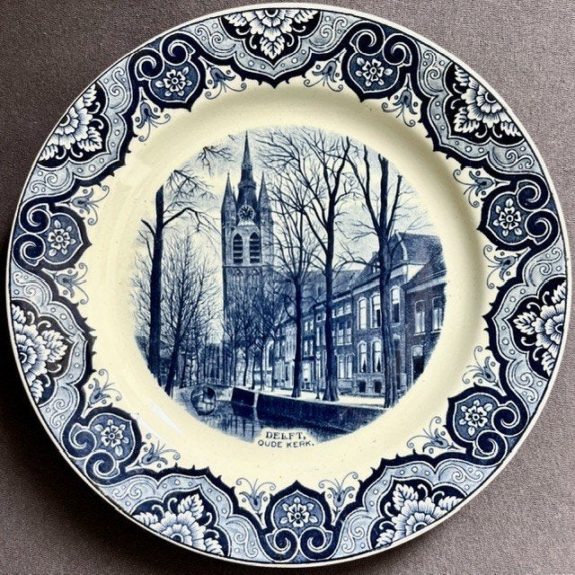 Antiek Blauw Wandbord van Delft Oude Kerk, Antiek en Kunst, Verzenden