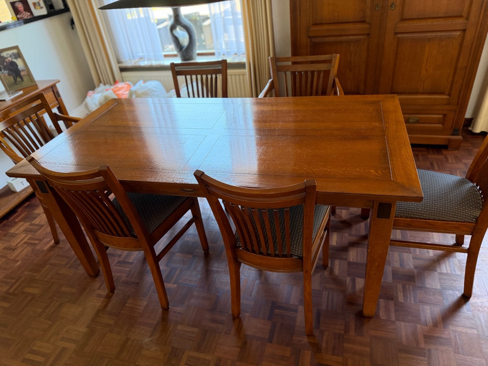 Luxe Eikenhouten Eetkamerset: Tafel met 6 Kersen Stoelen, Ophalen, Gebruikt, 4 tot 6 stoelen