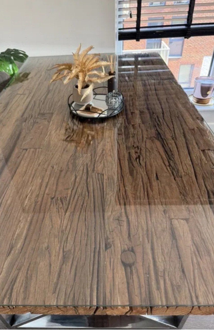 railwood eettafel met glasplaat, Ophalen, 50 tot 100 cm, Glas, 150 tot 200 cm