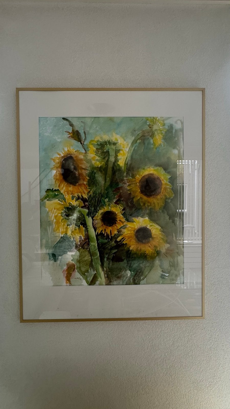 Schilderij Zonnebloemen - Aquarel, Antiek en Kunst, Realistisch, Aquarel, Papier, Ingelijst