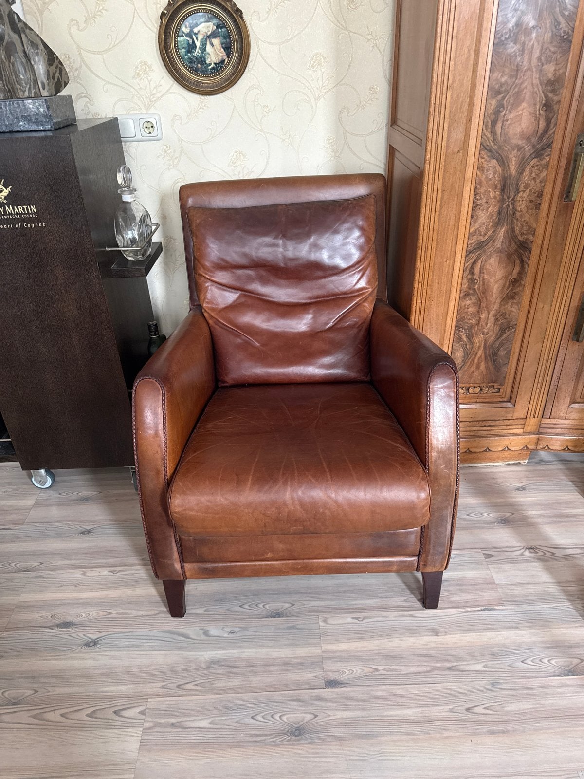 Set van 2 Italiaanse Design Fauteuils – Echt Cognac Leer, Ophalen, Gebruikt, Leer, 75 tot 100 cm